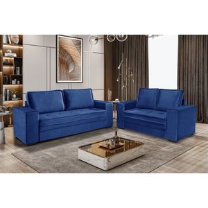 Sofá 2 x 3 Lugares Tecido Azul - Lufer